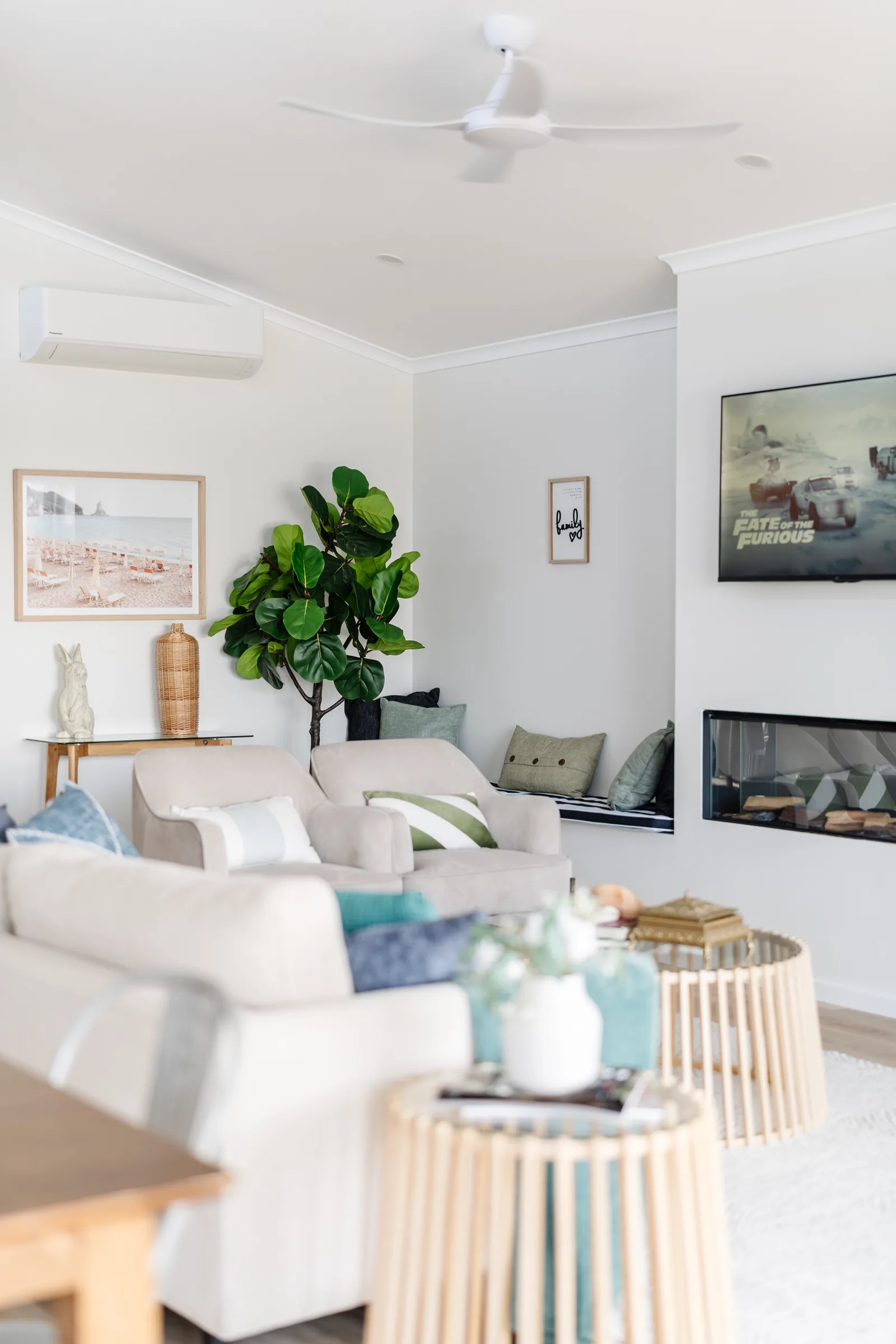 Living area with linear fireplace